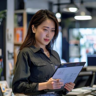 刘晓彤，大屁股游戏网内容总监，手持平板电脑审阅游戏攻略稿件，表情专注认真，背景为内容编辑室