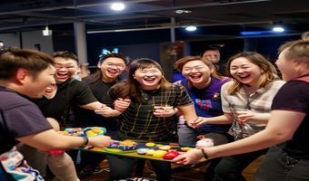 团建活动中员工们开心参与打屁股游戏团队对抗版的现场照片，展示活跃的团队氛围