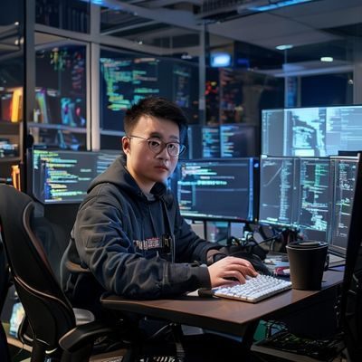 张宇航，大屁股游戏网技术架构师，坐在多显示器工作站前专注编写代码，桌面摆放着技术书籍与咖啡杯