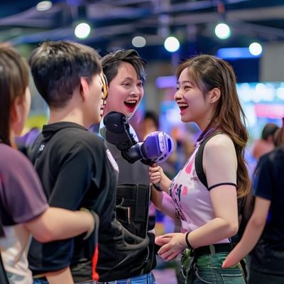 王思琪，大屁股游戏网用户运营负责人，在社区活动现场与玩家热情互动，手持话筒引导讨论，氛围活跃