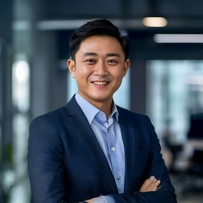 陈明远，大屁股游戏网创始人兼首席执行官，身着深蓝色商务休闲装，面带自信微笑，背景为现代化办公室